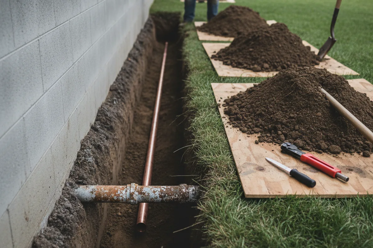 Excavated water line trench during Water Heater Repair in Placentia